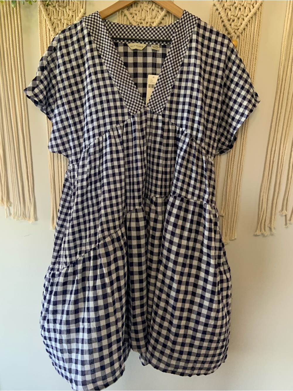 ANTHROPOLOGIE Gingham V Neck Swing Dress Blue White Size Medium - Picture 2 of 13